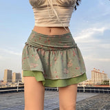 Znbbw Boho Floral Pleated Skirt Frill Low Waisted Sweet Vintage Short Skirts Women Aesthetic Grunge Fairycore Kawaii Clothes