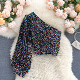 Znbbw 2023 New Product Oblique Collar T-shirt Strapless Unilateral Puff Sleeve Slim Fit Short Sequined Top HK102