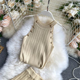 Znbbw Women's Knitting O-neck Off-shoulder Tank Tops Female Bodycon Knitted Buttons Camisole Sleeveless Tee shirts Women