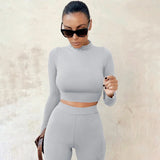 Znbbw 2-Pcs Women's Long Sleeve Sportswear Solid Color Elastic Crop Top Tight-fitting Long Pant Outfit Set