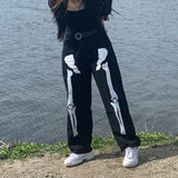 Znbbw Gothic Skull Skeleton Print Jeans 2023 Men High Waist Loose Straight Denim Pants Lovers Couple Street Casual Trousers