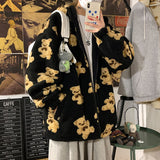 Znbbw Men Cartoon Bear Lamb Wool Hooded Coat Casual Oversized Zip Up Sweatshirt Tops 2023 Winter Men Hoodie Jacket Cute Korean Outwear