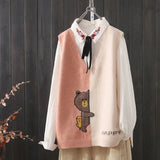 Znbbw and autumn new simple color matching knitted vest women loose wild V-neck cartoon pattern knitted sweater