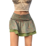 Znbbw Boho Floral Pleated Skirt Frill Low Waisted Sweet Vintage Short Skirts Women Aesthetic Grunge Fairycore Kawaii Clothes