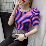 Znbbw Summer Girls O-neck T-shirts Tops Woman Slim Short Puff Sleeve Vintage Striped T-shirt Tee Female