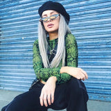 Znbbw Green Snake Print T Shirt Women Mesh Top Long Sleeve Transparent Snakeskin Female T-shirt High Neck Crop Tops