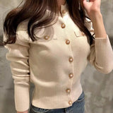 Znbbw Women O-Neck Knitted Full Sleeve Cropped Buttons Slim Sweaters Cardigans Lady Single-breasted Sweater Crop Tops for Female