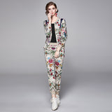 Znbbw Two Piece Set Women 2023 Fashion Autumn Winter Tracksuit Long Sleeve Floral Zipper Jacket Coat Top + Long Pants Set