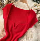 Znbbw Women V-neck Knitted Short Sleeve Draw String T-shirts Crop Tops Girls Knitting Stretchy Cropped Sheath Tee Shirts For Female