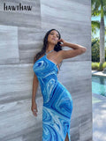 Znbbw Women Halter Printed Bodycon Beach Blue Pencil Long Dress 2023 Summer Clothes Wholesale Items For Business Dropshipping