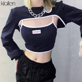 Znbbw Women Casual Streetwear Long Sleeve Top with Camisole Two Piece T Shirt Autumn New Office Lady Slim Stretch Cotton Tee