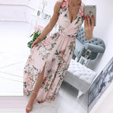 znbbw Deep V-Neck Sleeveless Beach Dress Elegant Women Chiffon Maxi Split Sunress Vintage Floral Print Long Cover-Ups Vestidos 0410