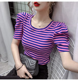 Znbbw Summer Girls O-neck T-shirts Tops Woman Slim Short Puff Sleeve Vintage Striped T-shirt Tee Female