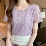 Znbbw Women Blouse Short Sleeve O-Neck Hollow Lace Blouse Shirt Blouse Women Blusas Mujer De Moda 2023 Blouses Top Femme E953
