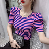 Znbbw Summer Girls O-neck T-shirts Tops Woman Slim Short Puff Sleeve Vintage Striped T-shirt Tee Female