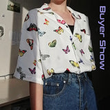 znbbw Vitage Short Sleeve Loose Women Blouse Shirt Y2K Butterfly Printing Button Up Pockets Womens Shirts 2023 Summer Felame Tops