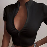 Znbbw Fashion Women Sexy Zipper Crop Top Stand Collar Solid Pullover T-shirt Summer Casual Slim Fit Short Sleeve Tee Streetwear