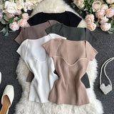 Znbbw Women V-neck Knitted Short Sleeve Draw String T-shirts Crop Tops Girls Knitting Stretchy Cropped Sheath Tee Shirts For Female