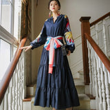 Znbbw Indie Folk Peacock Embroidery Red Christmas Dress Women's V-Neck Lantern Sleeve High Waist Bow Scarf Cotton Long Dresses