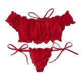 Znbbw Off Shoulder Lace Up Bikinis Women Sweet Casual Short Sleeve Suits Swimsuits Beachwear Bathing Suits