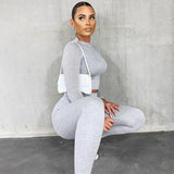 Znbbw 2-Pcs Women's Long Sleeve Sportswear Solid Color Elastic Crop Top Tight-fitting Long Pant Outfit Set