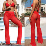 Znbbw Sexy Women Beach See-through Mesh High Waist Elastic Sheer Wide Leg Pants Trousers Bikini Cover Up S-XL