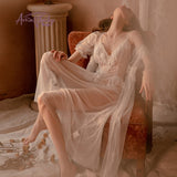 Znbbw Lace Mesh Pajamas Nightgown Long Bride Robe Wedding Pijama White Bathrobe Female Sexy Sleepwear Women Mesh Homewear