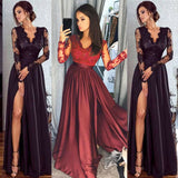 Znbbw Elegant Ladies Women Sexy Long Sleeve High Waist Lace Slim Fit V Neck Party Formal Split Maxi Dress Black/Wine Red