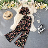 Znbbw Women's Summer Sets Vacation Style Printed Short Camisole Pleated High-waist Wide-leg Pants Two-piece New Casual Sets LL956