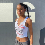 Znbbw Collar Trendy Letter Print With Pin Buckles Tank Tops Women Skull Printed Casual Stretchy Sleeveless Crop Top