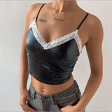 Znbbw Lace Patchwork PU Leather Camisole Women Sleeveless V Neck Slim Fit Black Crop Top Club Street Fashion Tank Tops Streetwear