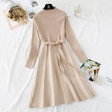 Znbbw High Collar A-line Knit Dress Women's 2023 Autumn Winter Thickened Arrow Striped Women Elegant Sashes Knitted Dress