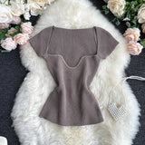 Znbbw Women V-neck Knitted Short Sleeve Draw String T-shirts Crop Tops Girls Knitting Stretchy Cropped Sheath Tee Shirts For Female