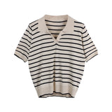 Znbbw Vintage Short Sleeve Knitted T-shirts Girls Basic Striped Stretchy V-neck TShirts Tops For Women