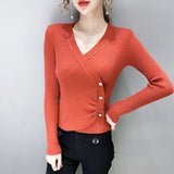 Znbbw new bottoming sweater shirt women's long-sleeved knitted crossed v-neck buttons sweaters jumpers crop tops