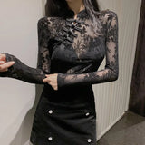 Znbbw Transparent Lace Blouses Shirts Tees Female Chinese Style Turtleneck Vintage Full Sleeve Black Blouses Tops For Women