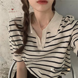 Znbbw Vintage Short Sleeve Knitted T-shirts Girls Basic Striped Stretchy V-neck TShirts Tops For Women