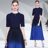 Znbbw Spring Summer Runway Knit 2 Pieces Skirt Suit Women Summer Blue Sweater Tops and Gradient Color Chiffon Pleated Skirt Set