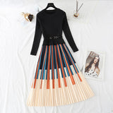 Znbbw Winter Elegant Striped Print Knitted Stitching Pleated Dress Women Long Sleeve Thick Pullover Sweater Office Midi Vestido