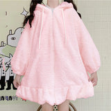 Znbbw New Kawaii Hoodies Women Winter Oversized Bunny Ears Plush Sweatshirt Women Long Sleeve Cute Tops Warm Zip Up Hoodies