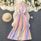 Znbbw Summer Temperament Vestidos Feminine Strapless Sling Square Collar Rainbow Gradient Color Slimming Holiday Midi Dress C361