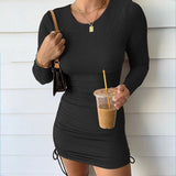 Znbbw Full Sleeve Dress 2023 Autumn New Women Fold Ruched Drawstring Slim Mini Dress Casual Streetwear O-Neck Dresses