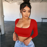 Znbbw Spring Crop Top Long Sleeve Women Black Sexy Shirt White Square Neck Casual Tee Top Mujer Ladies