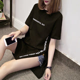 Znbbw DAY Print Long T shirts Summer Women Loose Slit Femme Tops Cotton Tshirt Short sleeve Ladies t-shirt