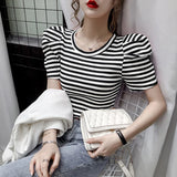 Znbbw Summer Girls O-neck T-shirts Tops Woman Slim Short Puff Sleeve Vintage Striped T-shirt Tee Female