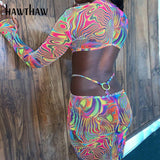 Znbbw Women Autumn Winter Long Sleeve Hollow Out Printed Mesh Backless Bodycon Mini Dress 2023 Female Clothing Streetwear