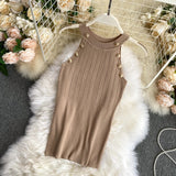 Znbbw Women's Knitting O-neck Off-shoulder Tank Tops Female Bodycon Knitted Buttons Camisole Sleeveless Tee shirts Women
