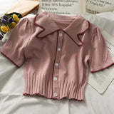 Znbbw Summer Women Knitted Short Sleeve Patchwork Polo Collar Cropped T-shirts Girls Large Elastic Slim Tshirt Tees Crop Tops