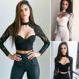 Znbbw Elegant Lace Crop Tops Women Long Sleeve Hollow Out Turtleneck Slim Skinny Club Party Fashion Vintage Short T Shirts Tee