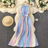 Znbbw Summer Temperament Vestidos Feminine Strapless Sling Square Collar Rainbow Gradient Color Slimming Holiday Midi Dress C361